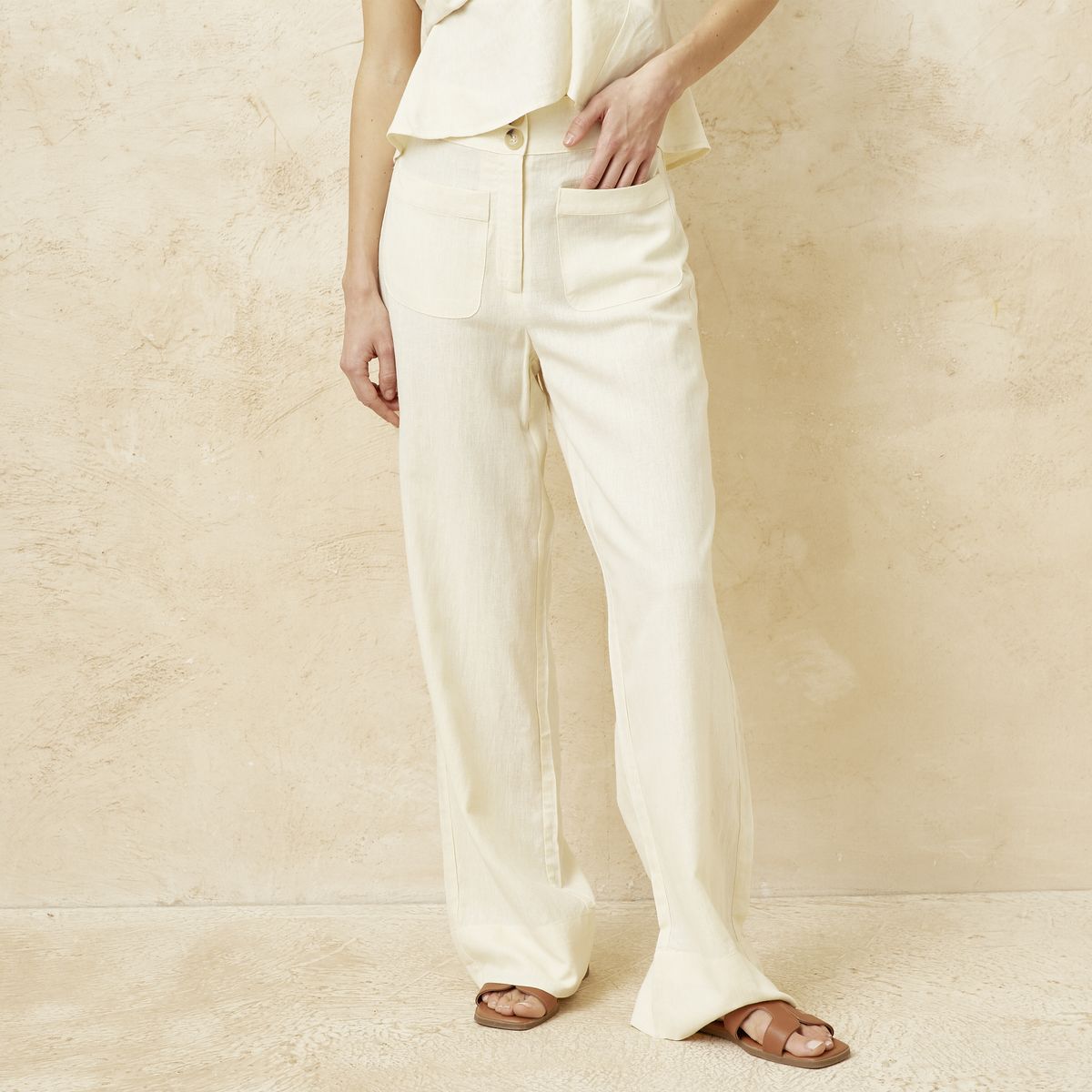 BASEMENT - Pantalón Wide Leg Tiro Alto Lino Mujer Basement