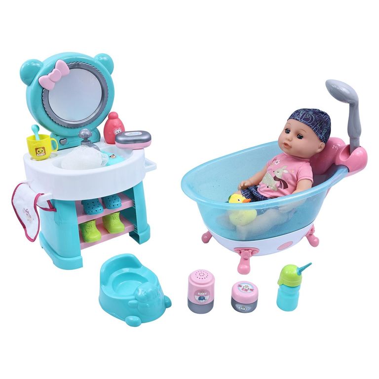 Muñeca Hora Baño Tocador Y Tina