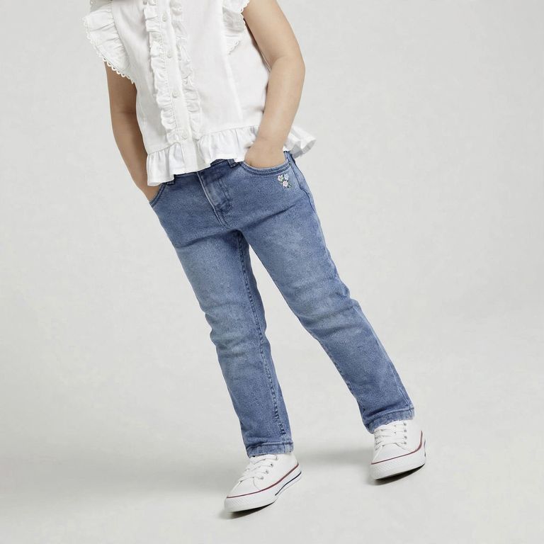 Jeans Slim Fit con Bordado Niña Denim
