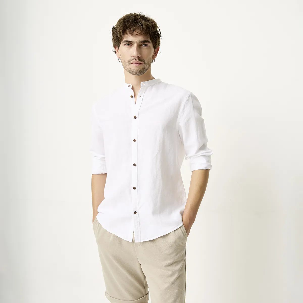 BASEMENT - Camisa Casual Manga Larga Lino Hombre Basement