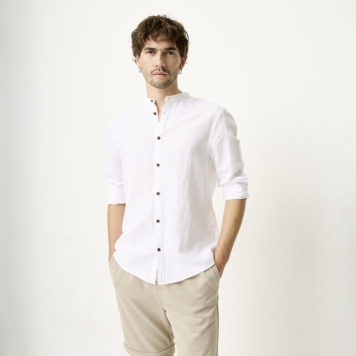 BASEMENT - Camisa Casual Manga Larga Lino Hombre Basement