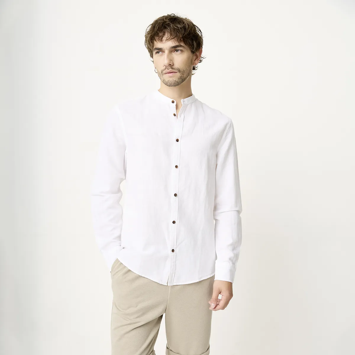 BASEMENT - Camisa Casual Manga Larga Lino Hombre Basement