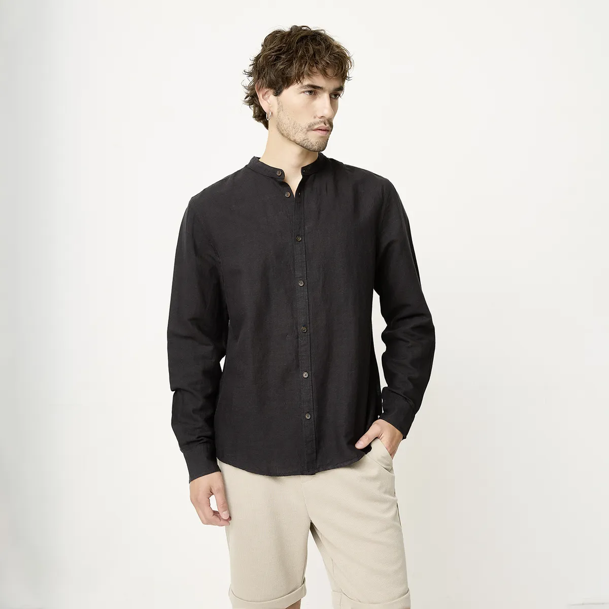 BASEMENT - Camisa Casual Manga Larga Lino Hombre Basement