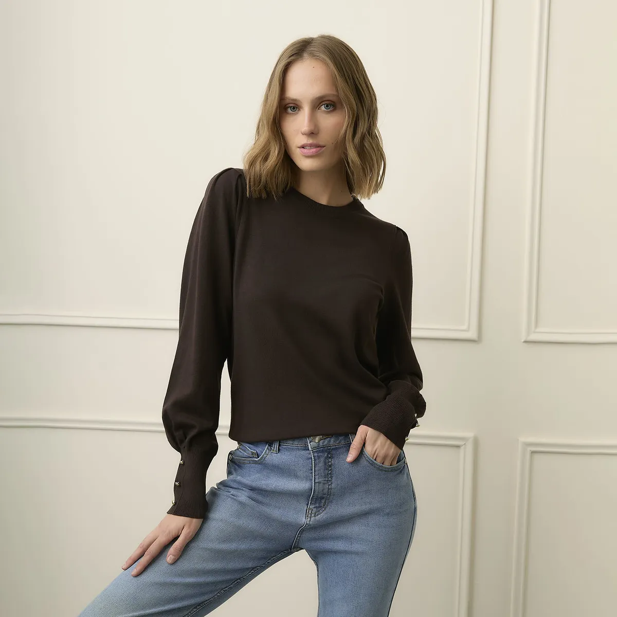 BASEMENT - Sweater Manga Larga Basement Mujer Con Botones En Puño