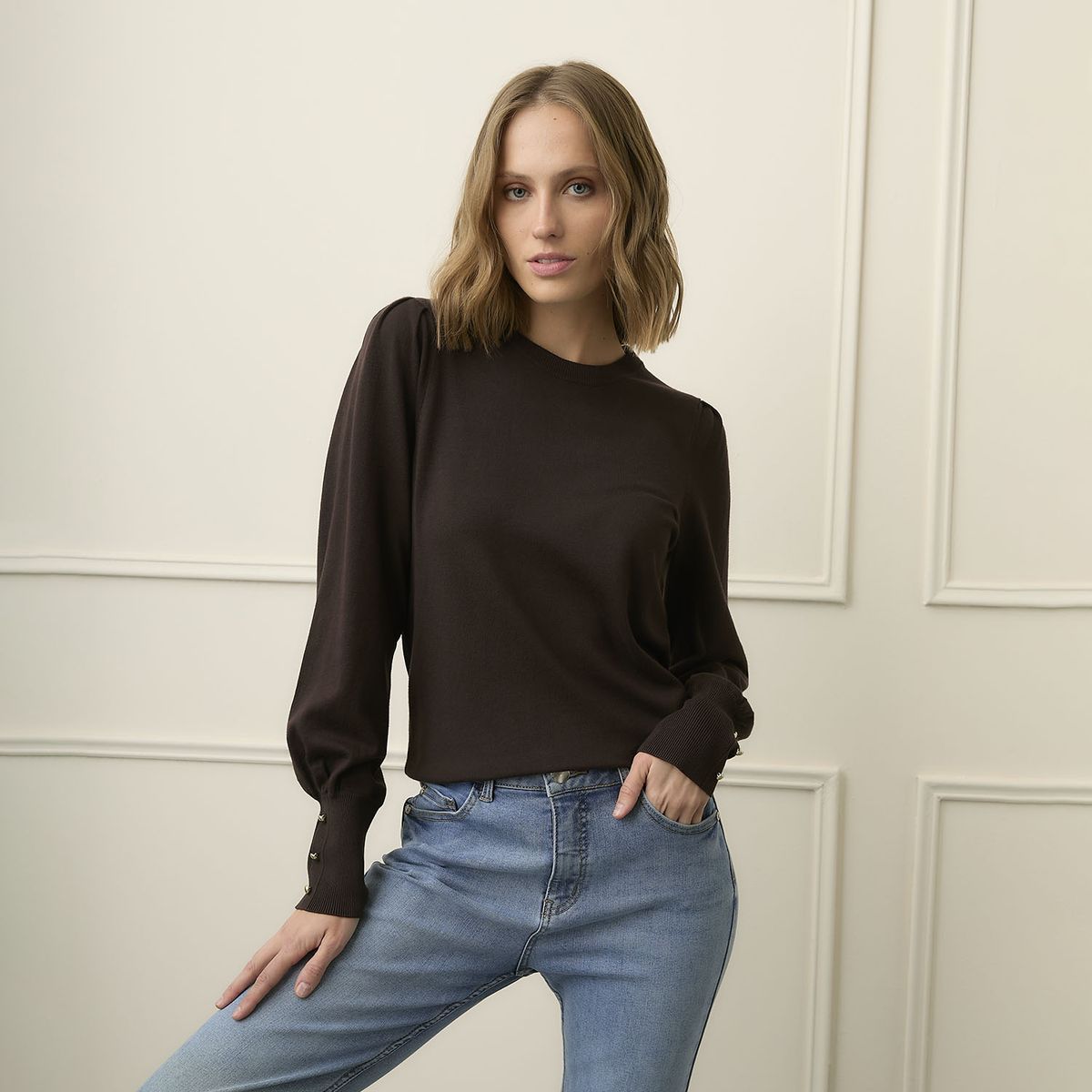 BASEMENT - Sweater Manga Larga Basement Mujer Con Botones En Puño
