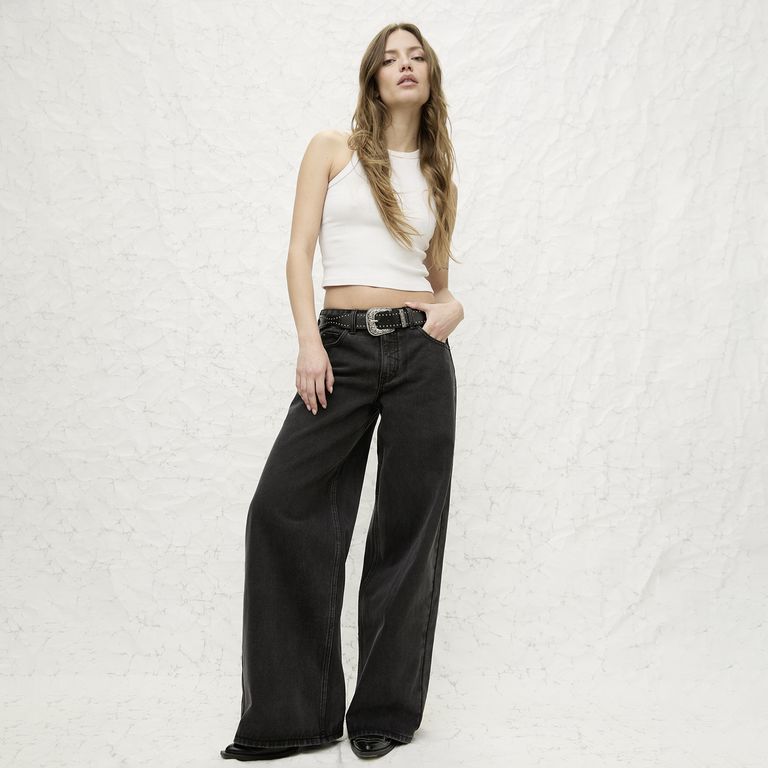 Jeans Wide Leg Tiro Medio Cinturón Removible Mujer
