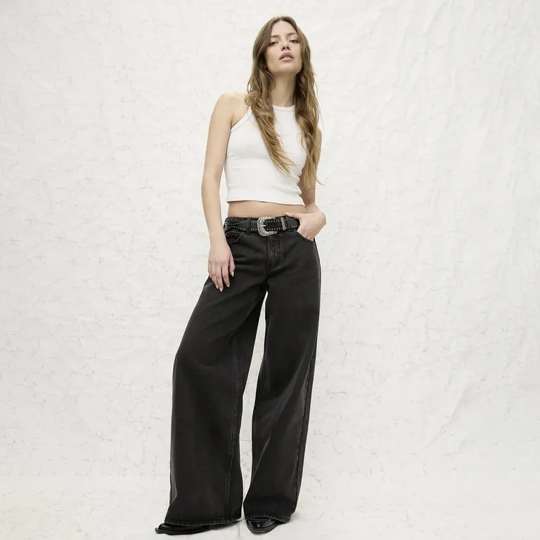 Jeans Wide Leg Tiro Medio Cinturón Removible Mujer