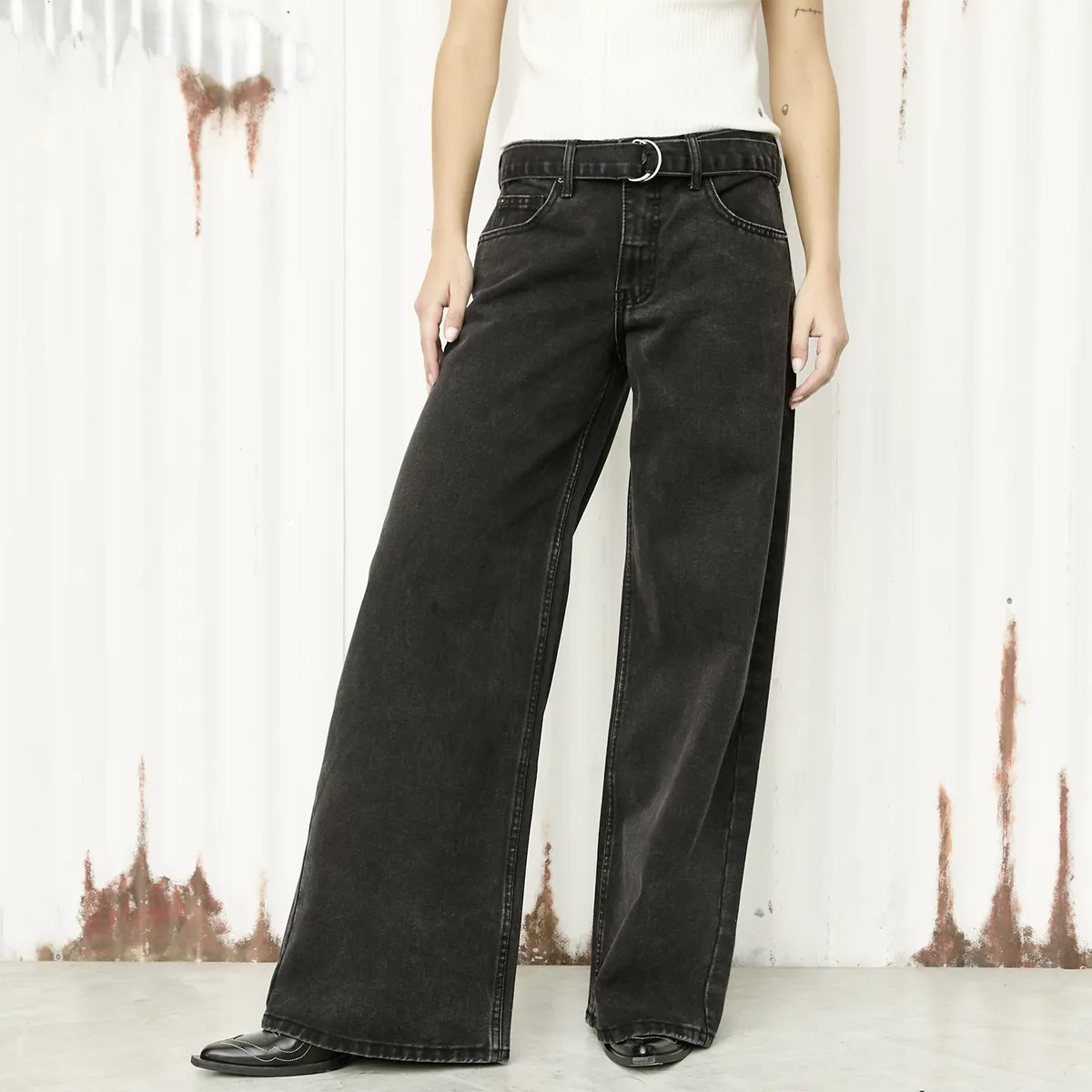 AMERICANINO - Jeans Wide Leg Tiro Medio Cinturón Removible Mujer Americanino