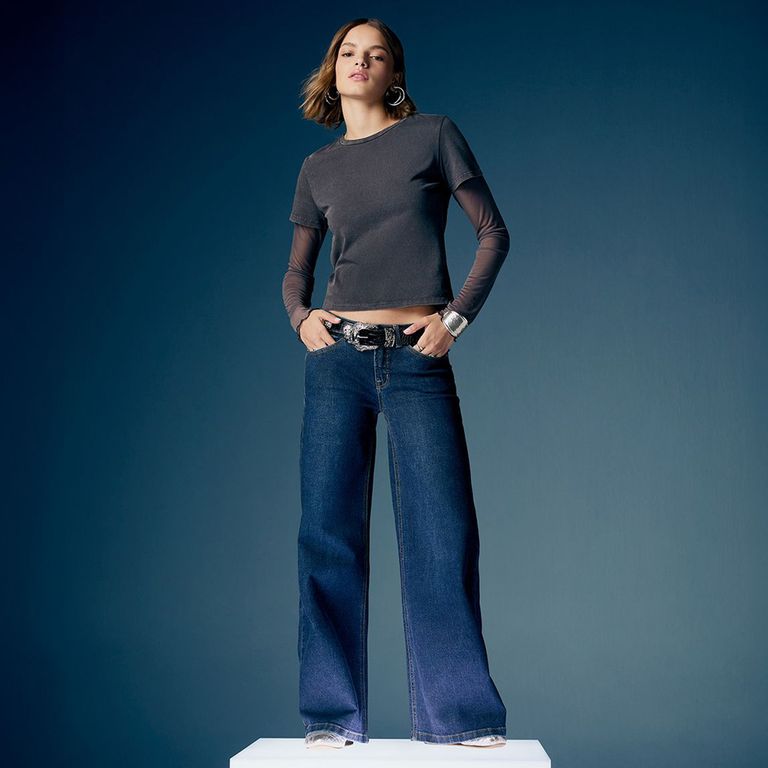 Jeans Wide Leg Tiro Bajo Mujer