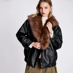 AMERICANINO - Chaqueta Efecto Cuero Cuello Pelo Mujer