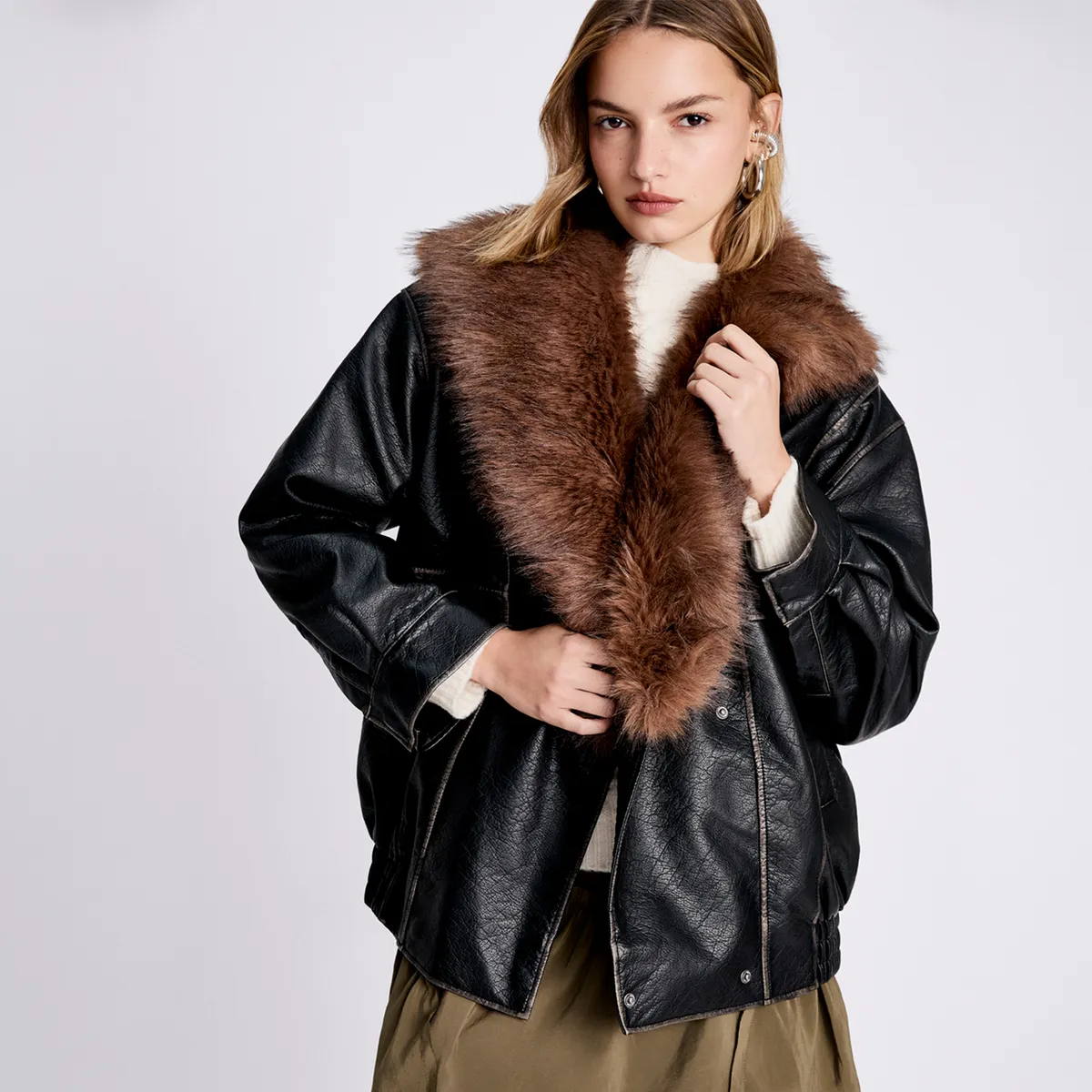 AMERICANINO - Chaqueta Efecto Cuero Cuello Pelo Mujer Americanino