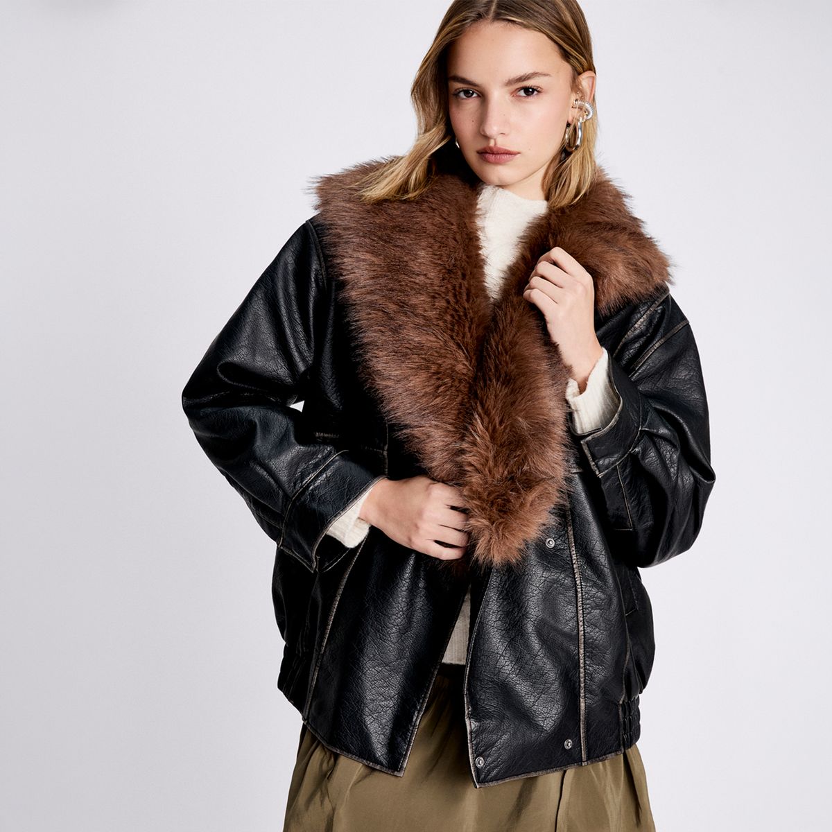 AMERICANINO - Chaqueta Efecto Cuero Cuello Pelo Mujer Americanino