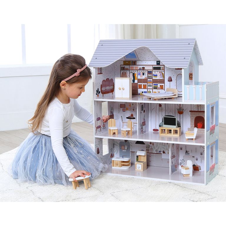 Casa Muñecas Madera Con Muebles 15 Pcs 74 Cms