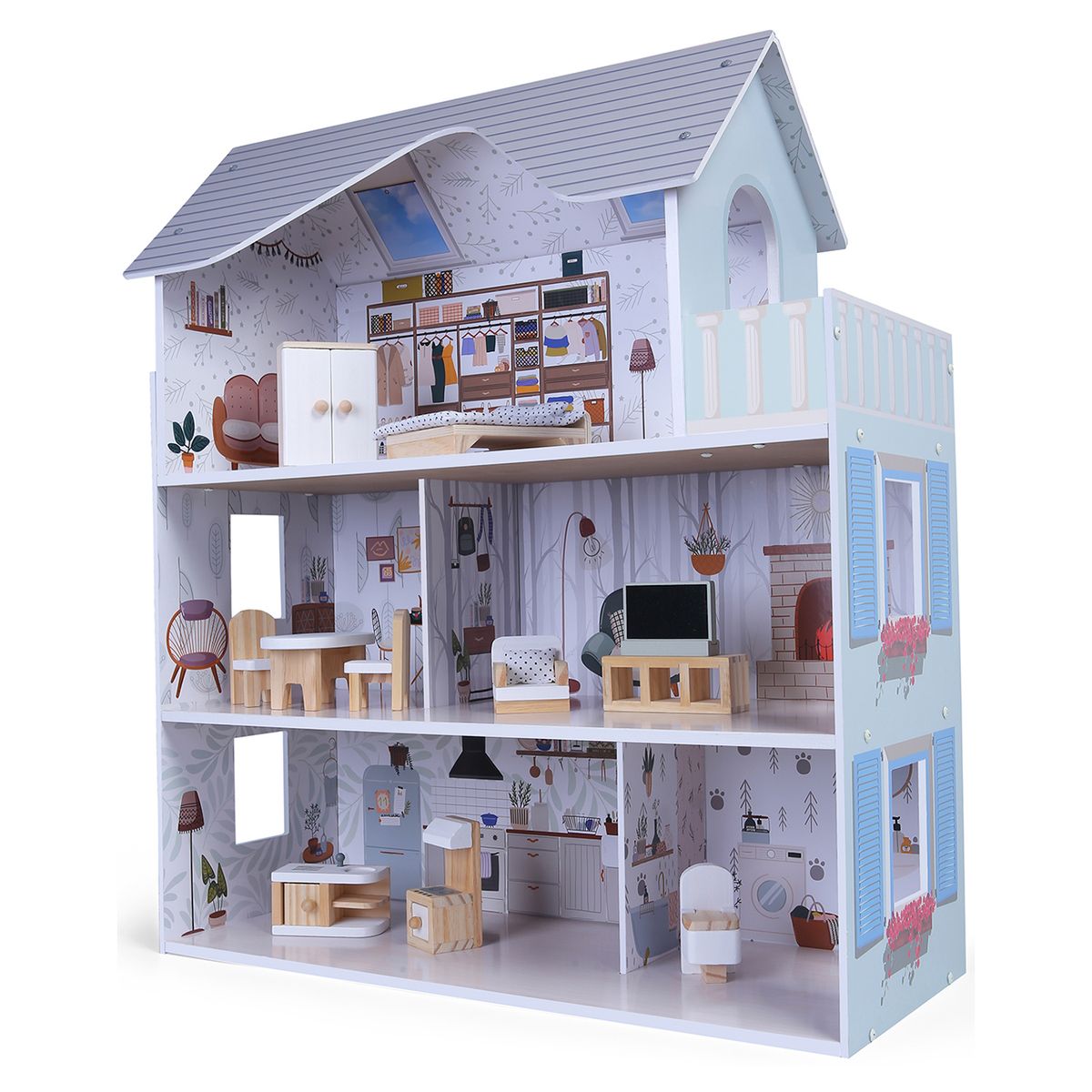 SCOOP - Casa Muñecas Madera Con Muebles 15 Pcs 74 Cms Scoop