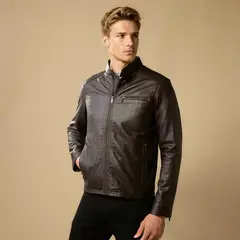 WOLF&HANK - Chaqueta Cuero Casual Cierre Metálico Hombre