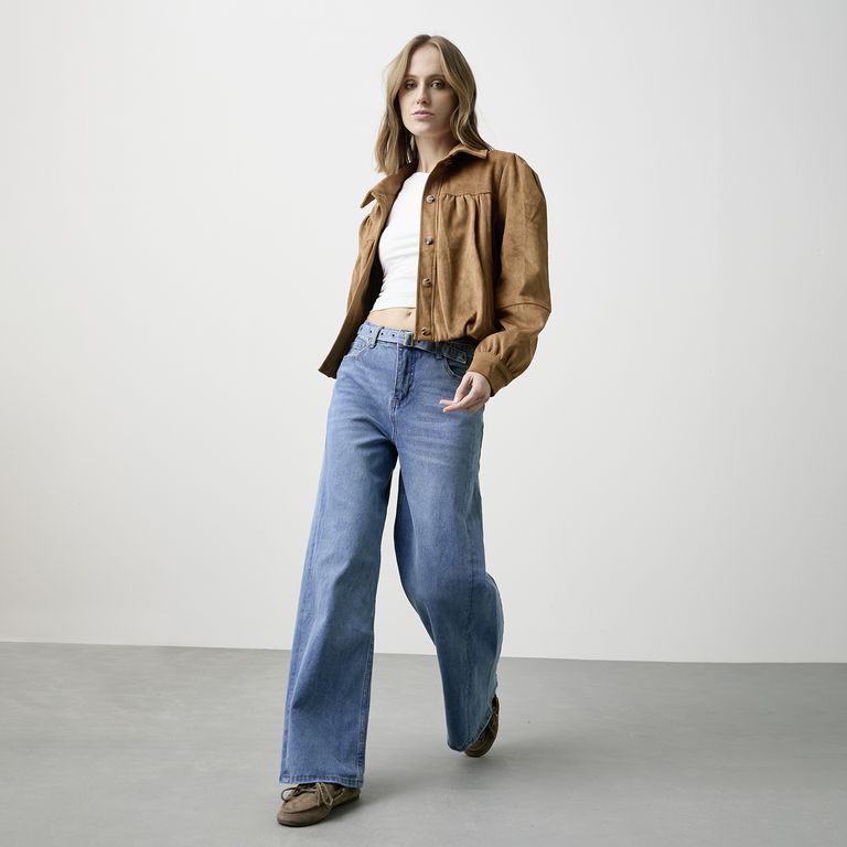 Jeans Wide Leg Cinturón Tiro Medio Mujer