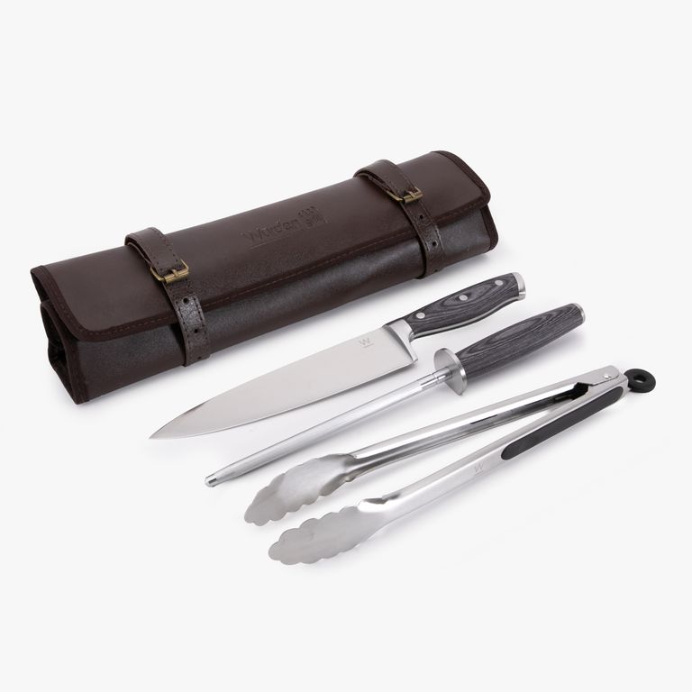Set 3 Accesorios Parrilla (Cuchillo + Afilador + Pinza) Acero Inoxidable Grill