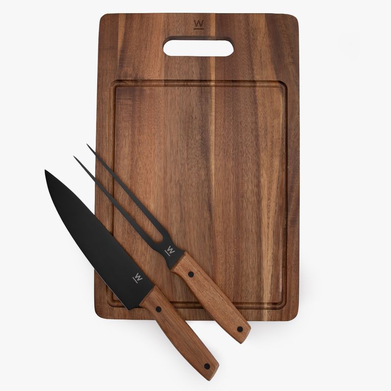 Set 3 Accesorios Parrilla (Cuchillo + Trincho + Tabla) Acero Inoxidable Grill