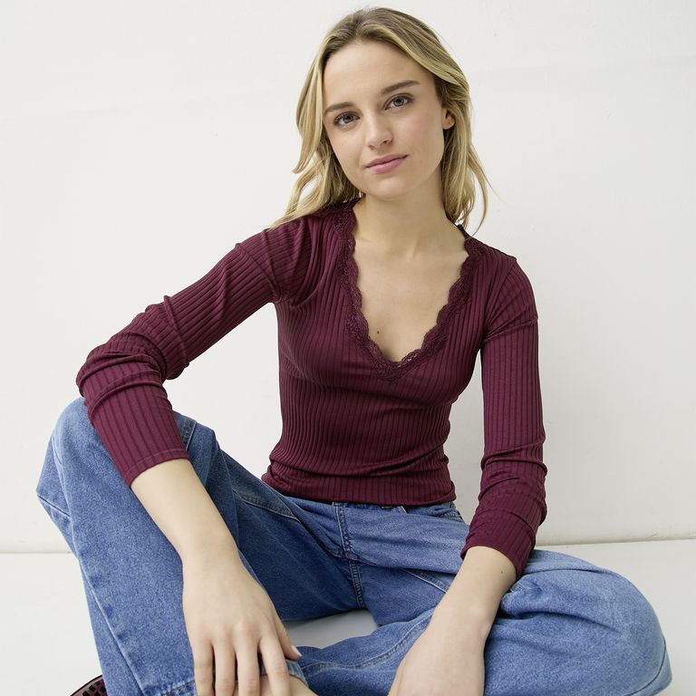 Polera Manga Larga Encaje Mujer