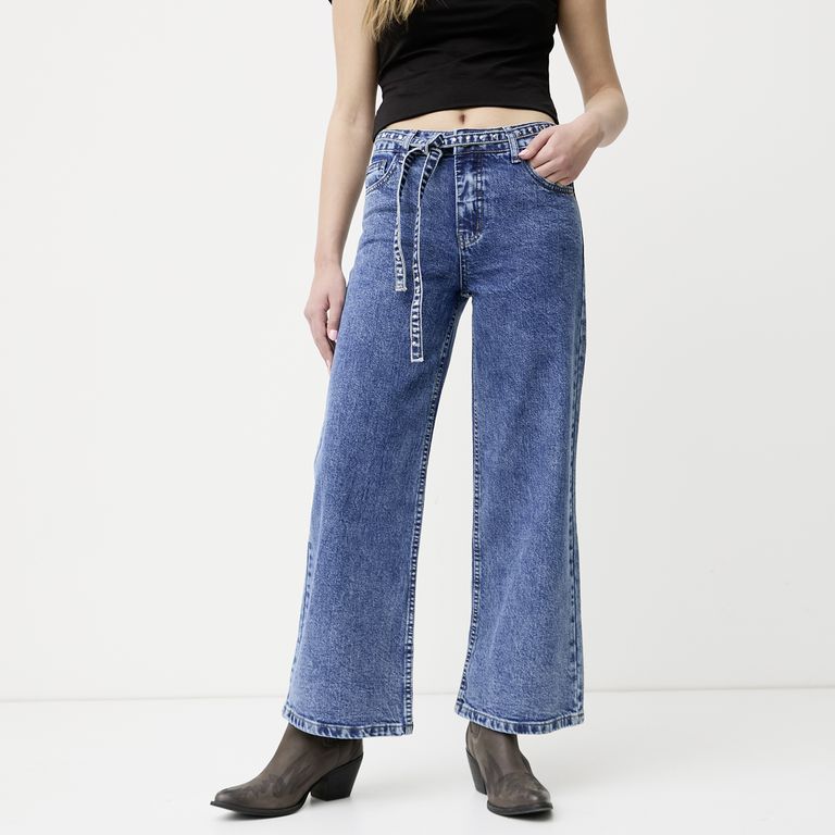 Jeans Cinturón Wide Leg Tiro Medio Mujer