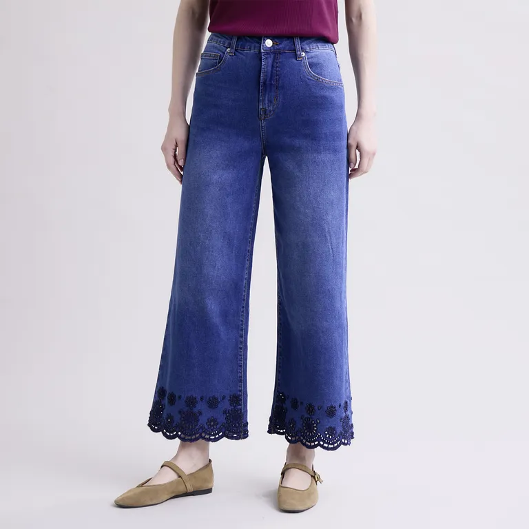Jeans Tiro Alto Wide Leg Bordado Mujer