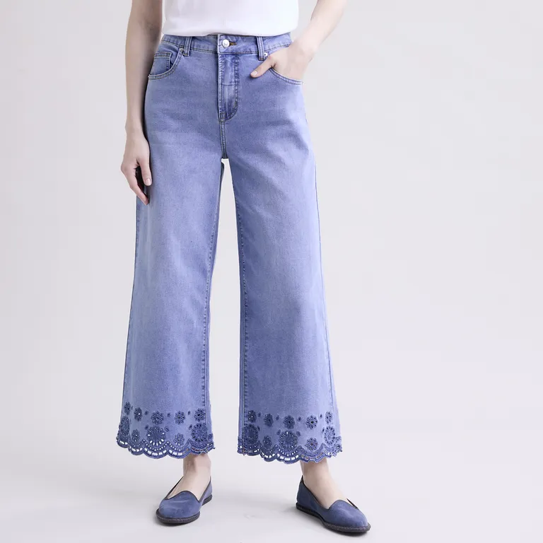 Jeans Tiro Alto Wide Leg Bordado Mujer