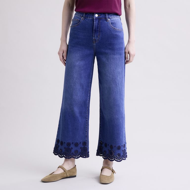 Jeans Tiro Alto Wide Leg Bordado Mujer