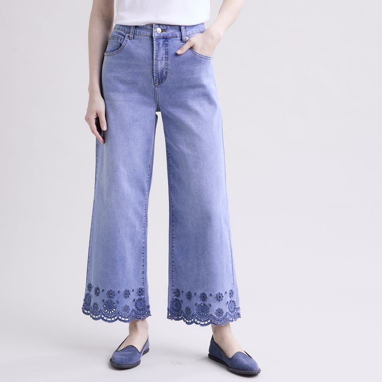 Jeans Tiro Alto Wide Leg Bordado Mujer