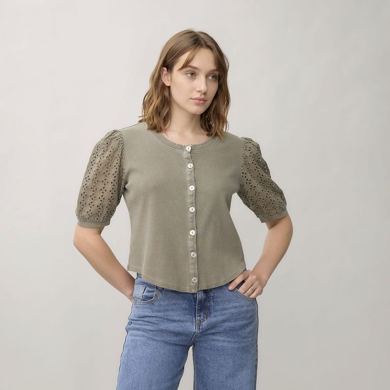 Polera Botones Manga Globo Mujer