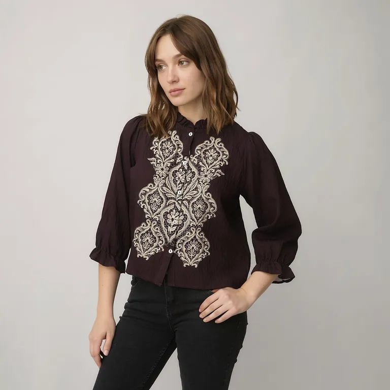 Blusa Bordada Manga 3/4 Mujer