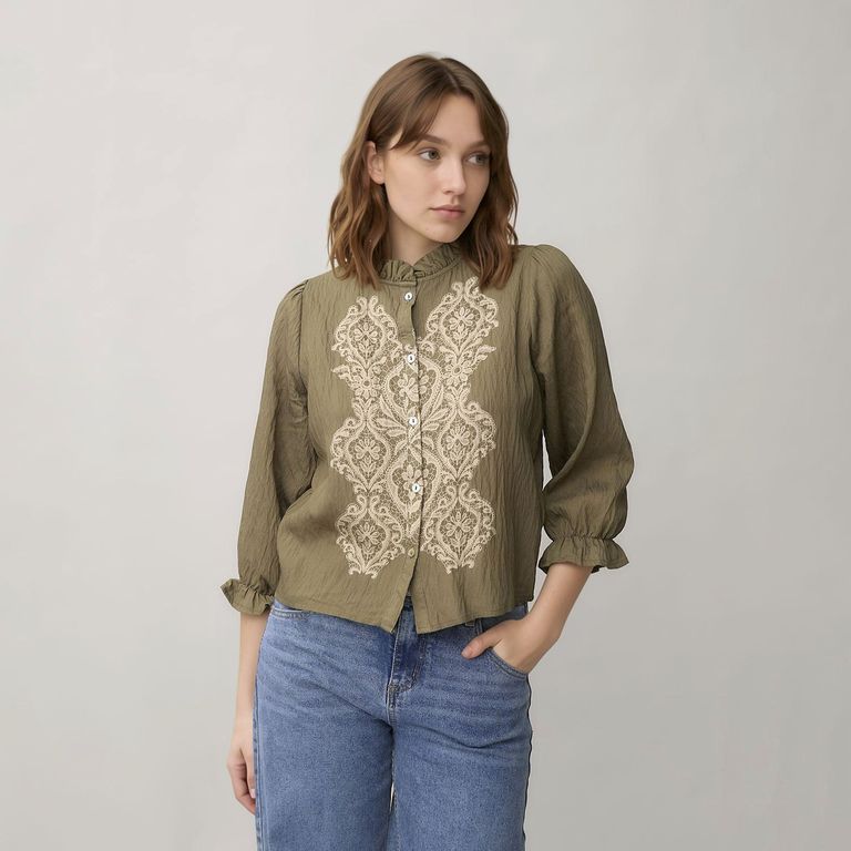 Blusa Bordada Manga 3/4 Mujer