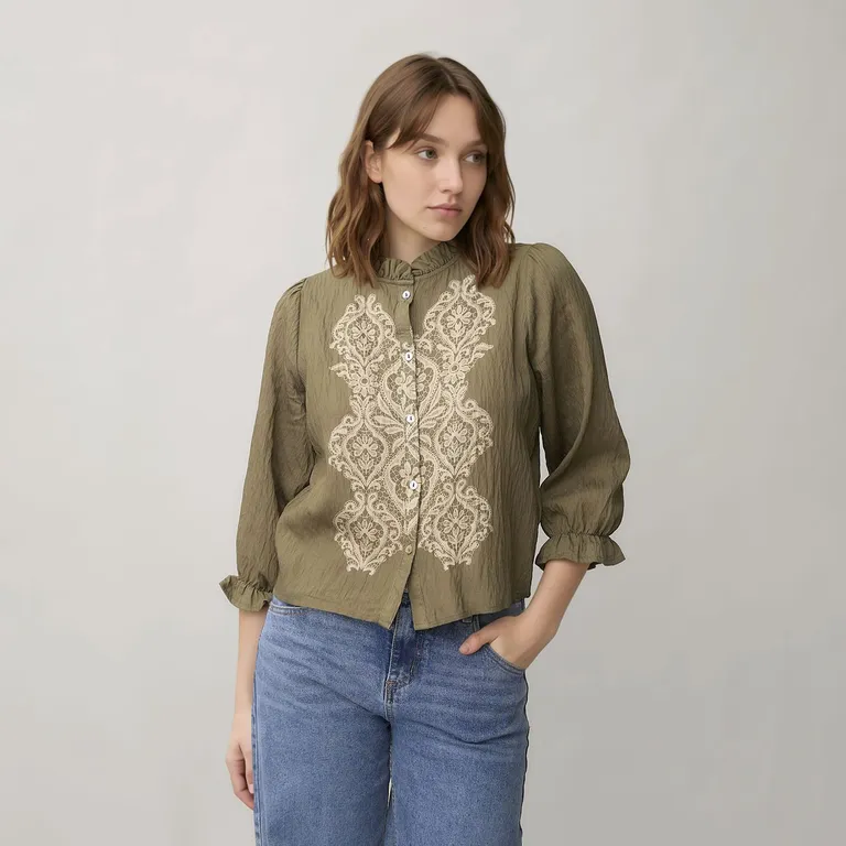Blusa Bordada Manga 3/4 Mujer