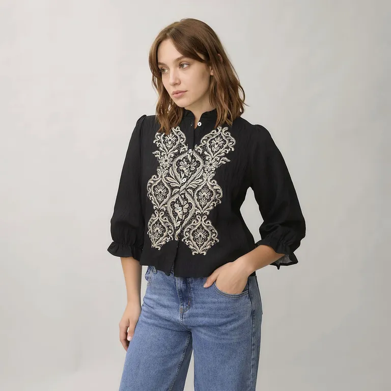 Blusa Bordada Manga 3/4 Mujer