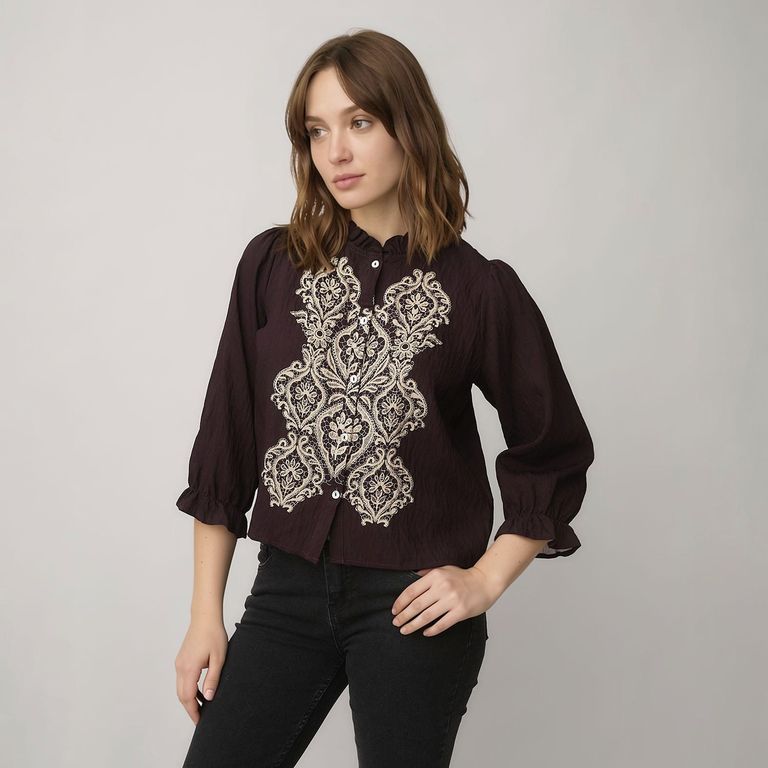 Blusa Bordada Manga 3/4 Mujer
