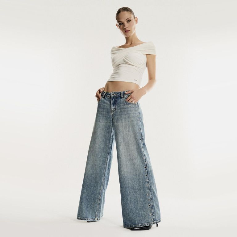 Jeans Wideleg Strass Costado Mujer