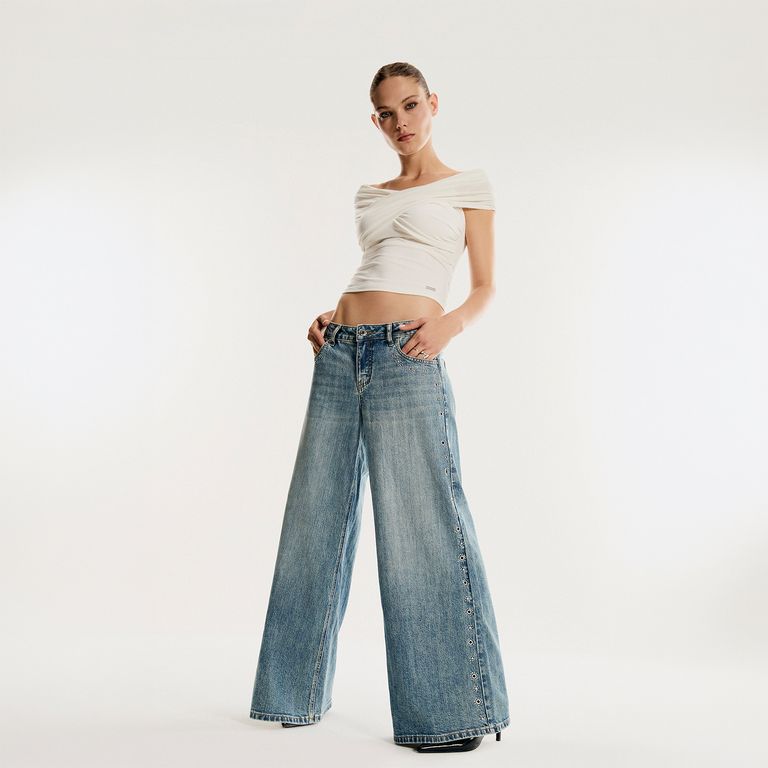 Jeans Wideleg Strass Costado Mujer