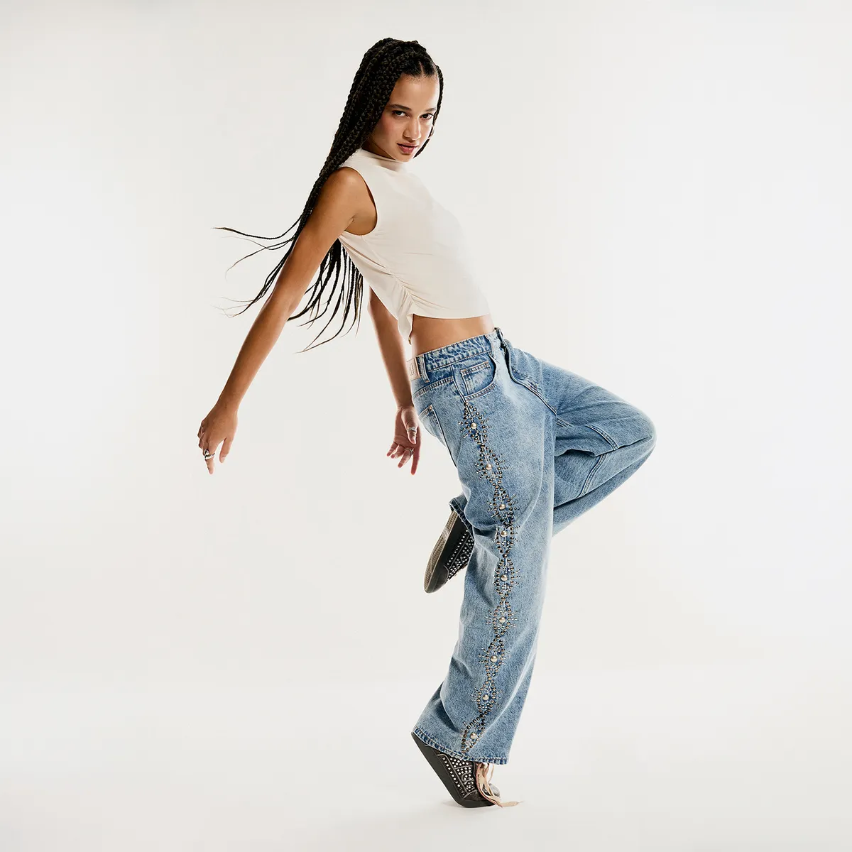AMERICANINO - Jeans Tachas Wide Leg Tiro Medio Mujer Americanino