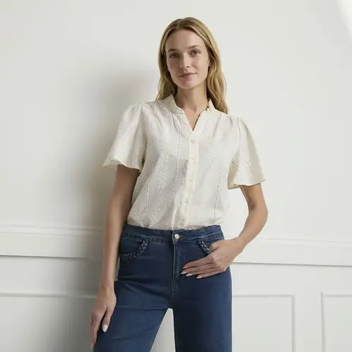 ELLE - Blusa Manga Corta Bordados Mujer