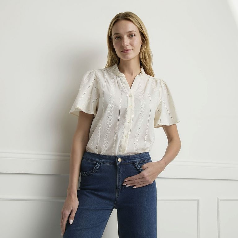 Blusa Manga Corta Bordados Mujer