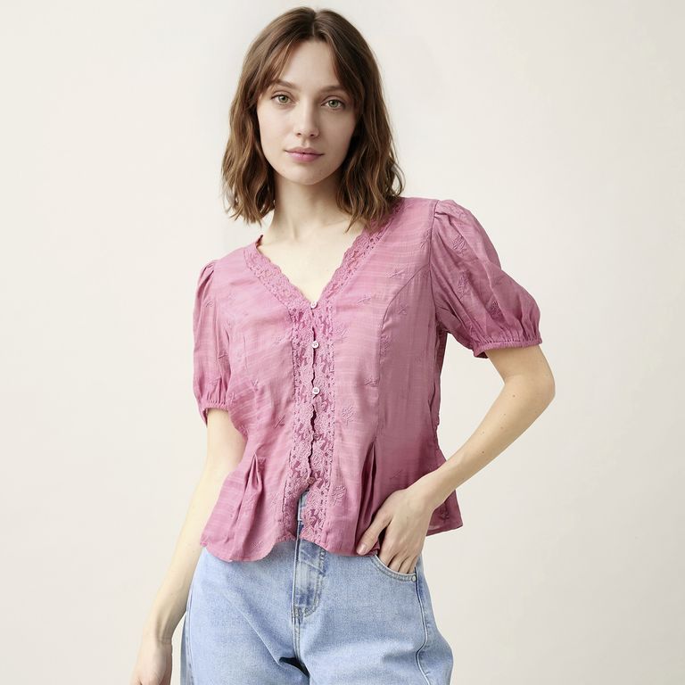 Blusa con Encaje y Bordado Mujer