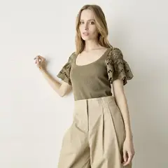 BASEMENT - Blusa Manga Broderie Mujer