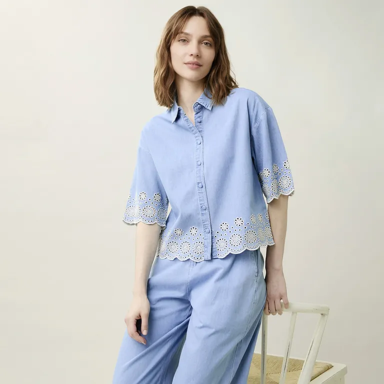Blusa Bordada Manga Corta Mujer