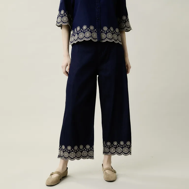 Pantalón Tencel Bordado Wide Leg Mujer