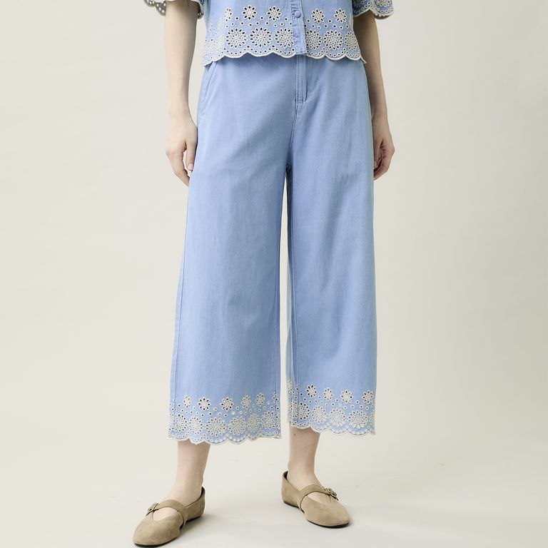 Pantalón Bordado Wide Leg Mujer