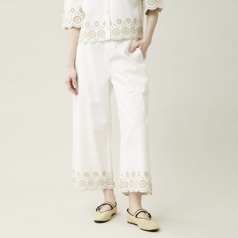 Pantalón Bordado Wide Leg Mujer
