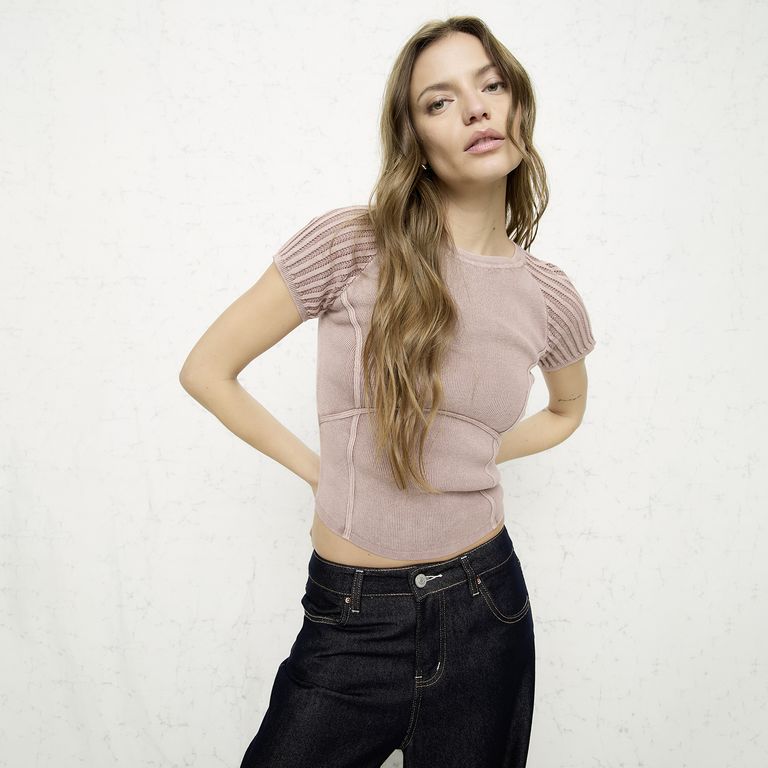 Polera Manga Corta Tejida Algodón Mujer