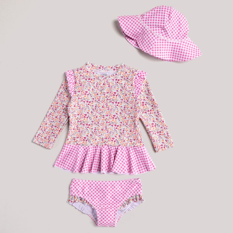 Set Traje De Baño Polera Uv + Bottom + Gorro Bebé Niña