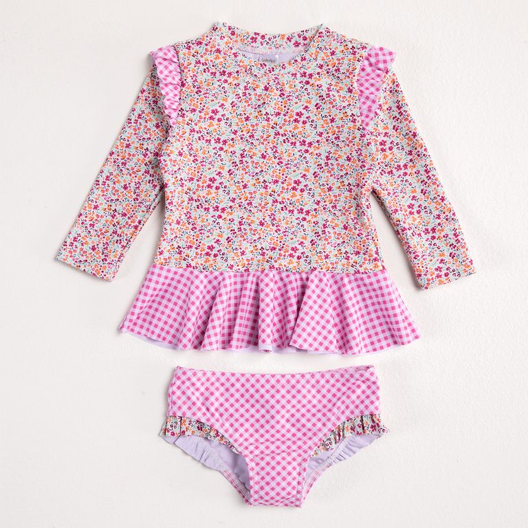 Set Traje De Baño Polera Uv + Bottom + Gorro Bebé Niña