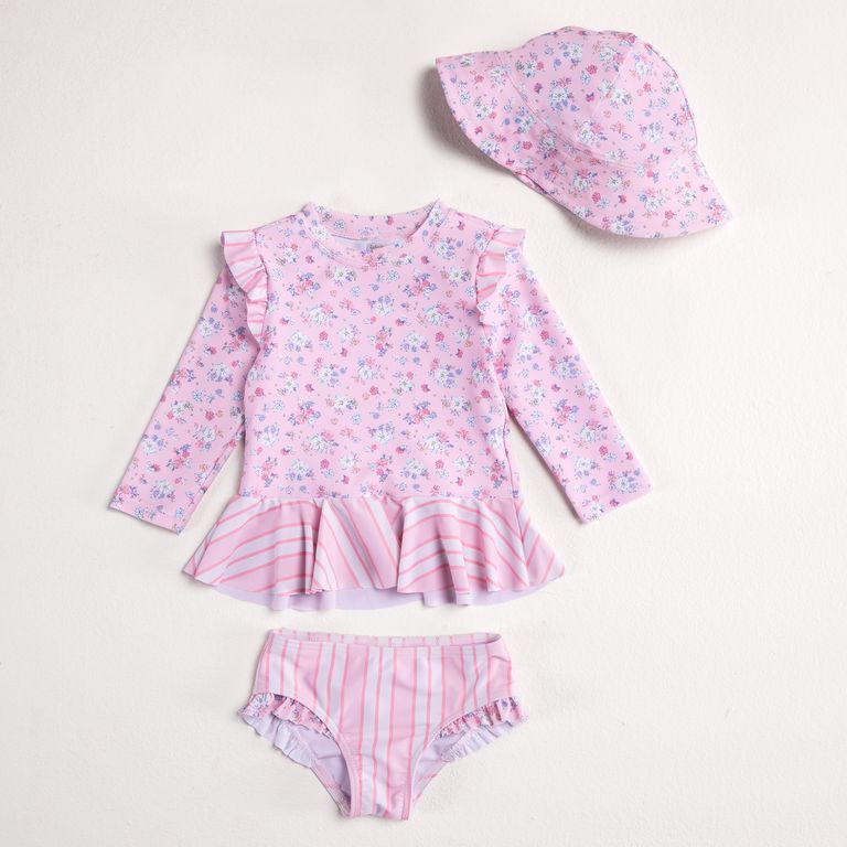 Set Traje De Baño Polera Uv + Bottom + Gorro Bebé Niña