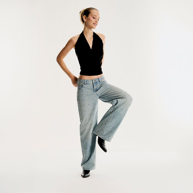 Jeans Tiro Bajo Wide Leg Mujer